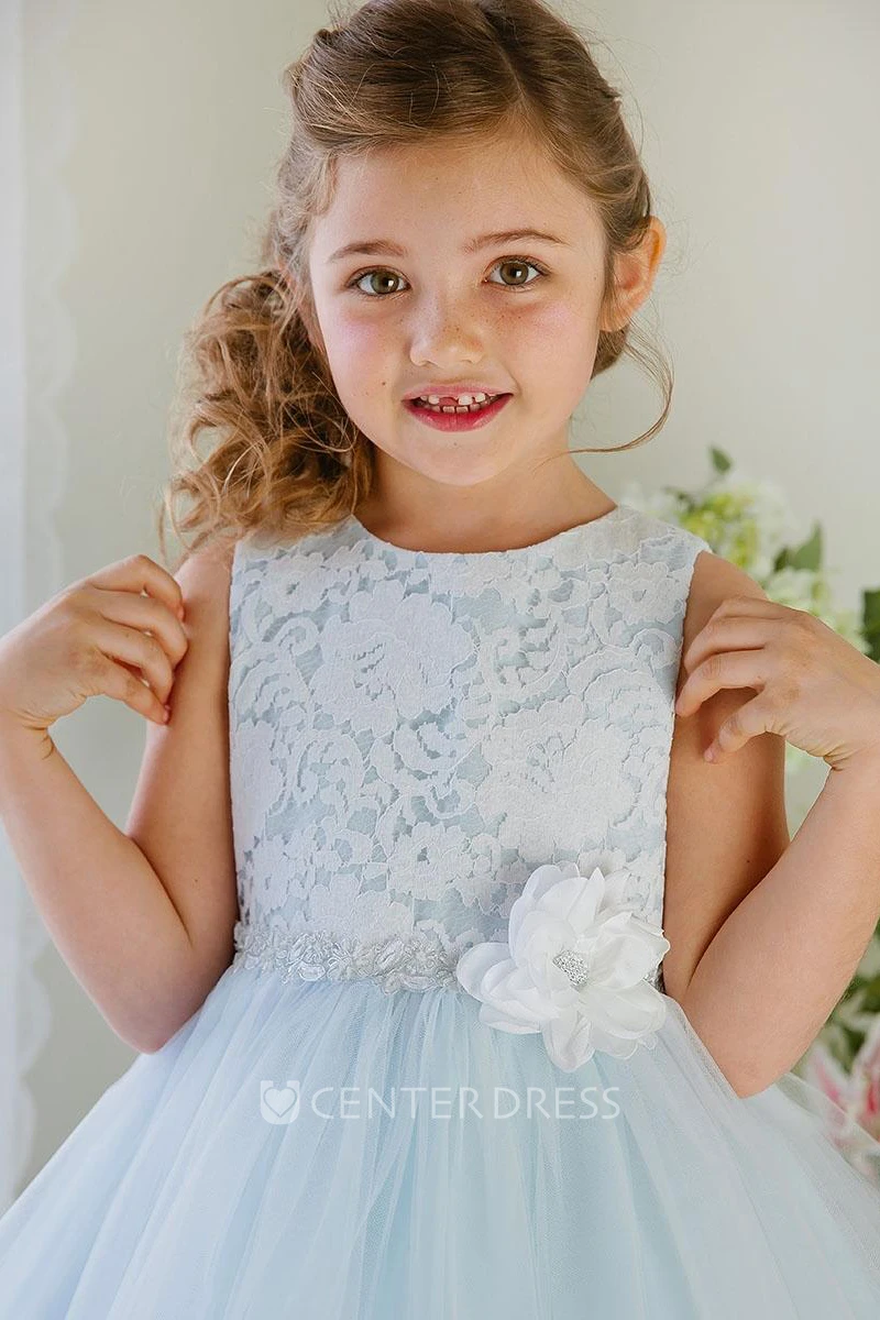 Floral Tea-Length Tiered Tulle&Lace Flower Girl Dress