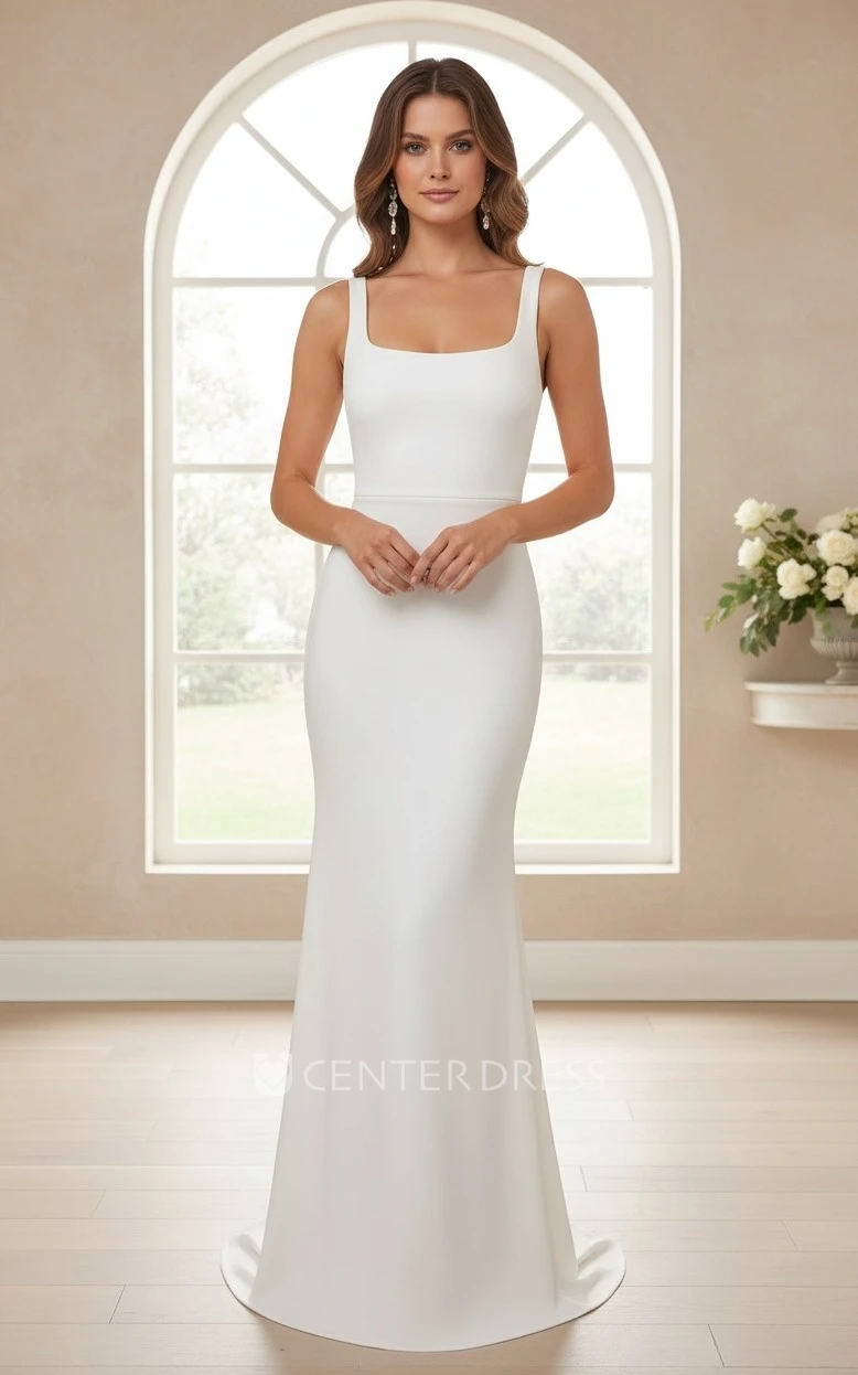 Simple Square Neck Backless Wedding Dress Modern Sleeveless Bow Bridal Gown