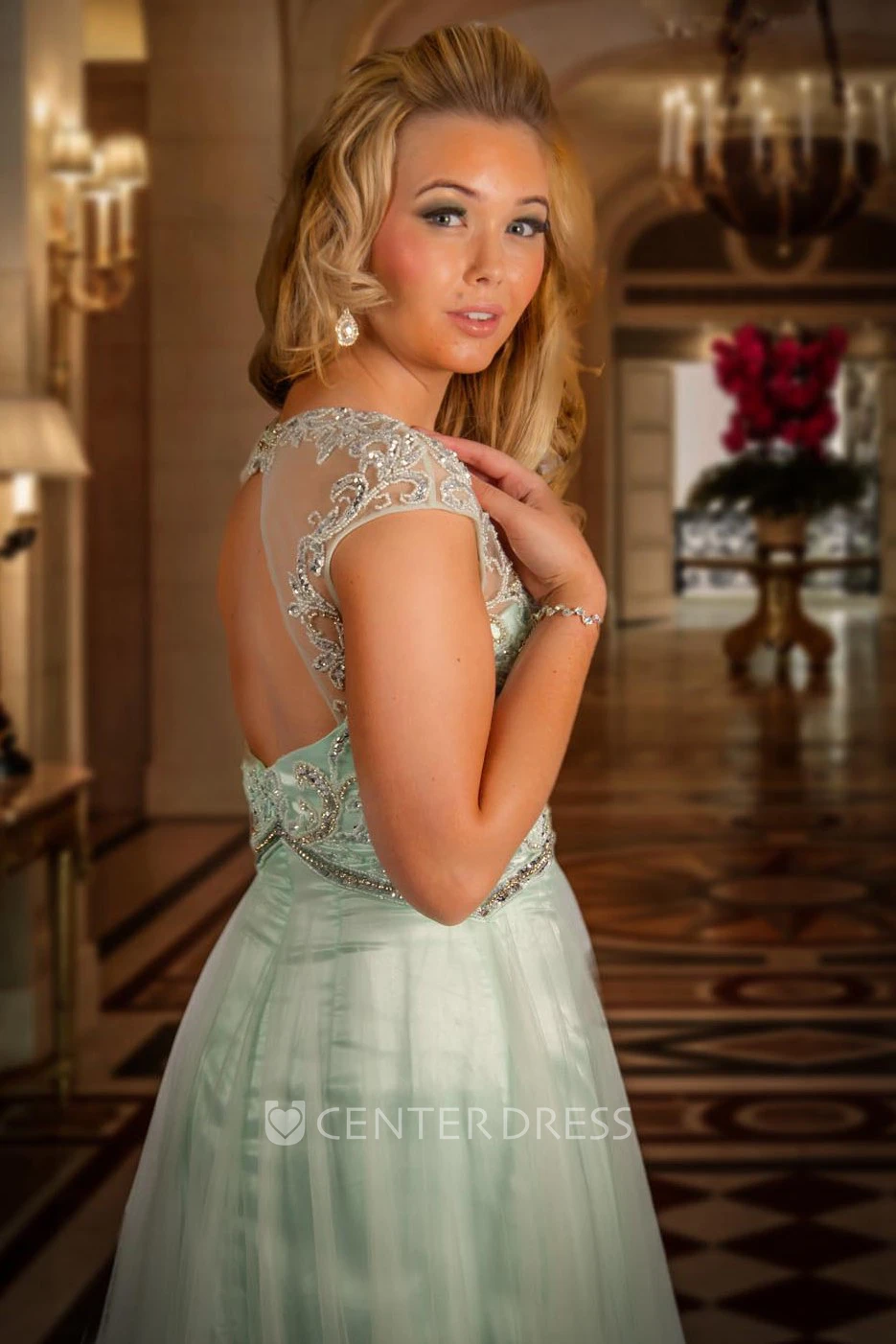 Sheath Cap-Sleeve Jewel-Neck Floor-Length Beaded Tulle Prom Dress With Pleats
