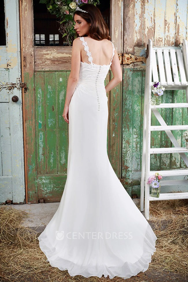 Sheath Draped Floor-Length Spaghetti Chiffon Wedding Dress With Appliques And Brush Train