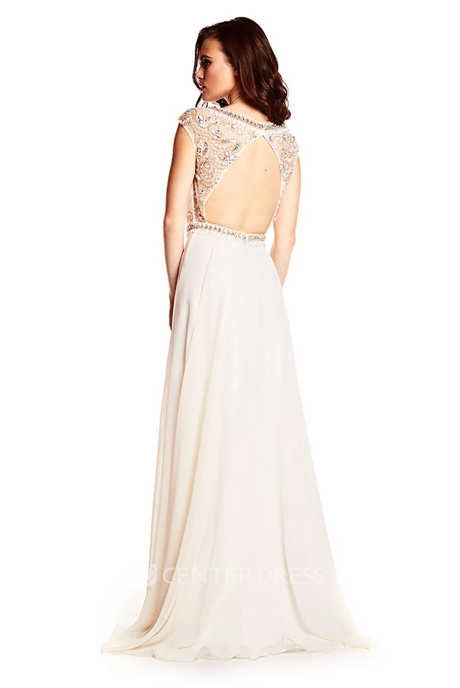 Sheath Cap-Sleeve Floor-Length Scoop-Neck Beaded Prom Dress