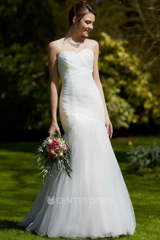 Sweetheart Floor-Length Ruched Tulle Wedding Dress With Brush Train And Lace Up
