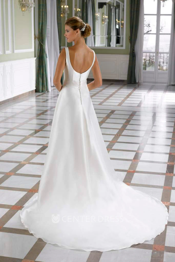 A-Line Bateau Long Jeweled Sleeveless Satin Wedding Dress With Court Train And Low-V Back