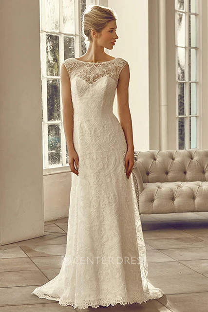 Floor-Length Bateau Cap-Sleeve Appliqued Lace Wedding Dress