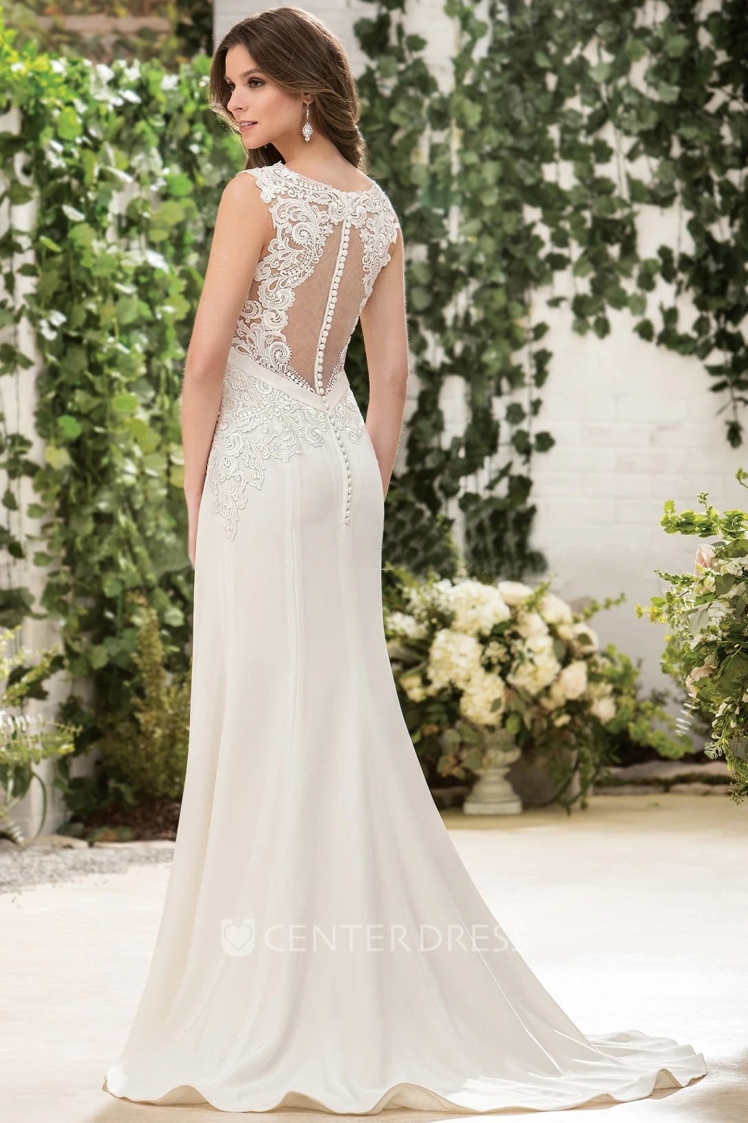 V-Neck Sleeveless Long Wedding Dress With Illusion Appliqued Back