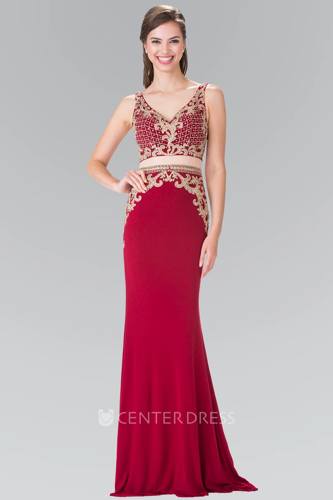 Two-Piece Sheath V-Neck Sleeveless Jersey Dress With Appliques And Beading
