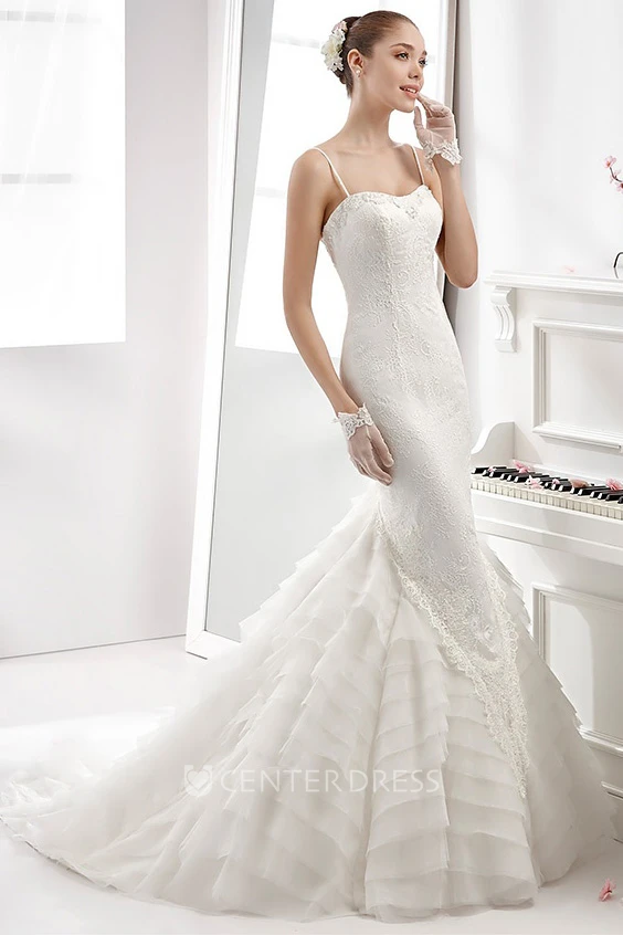 Spaghetti-Strap Sheath Mermaid Gown With Tiers Train And Backless Design