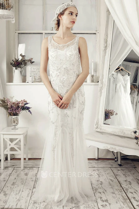 Sheath Sleeveless V-Neck Tulle Wedding Dress With Beading