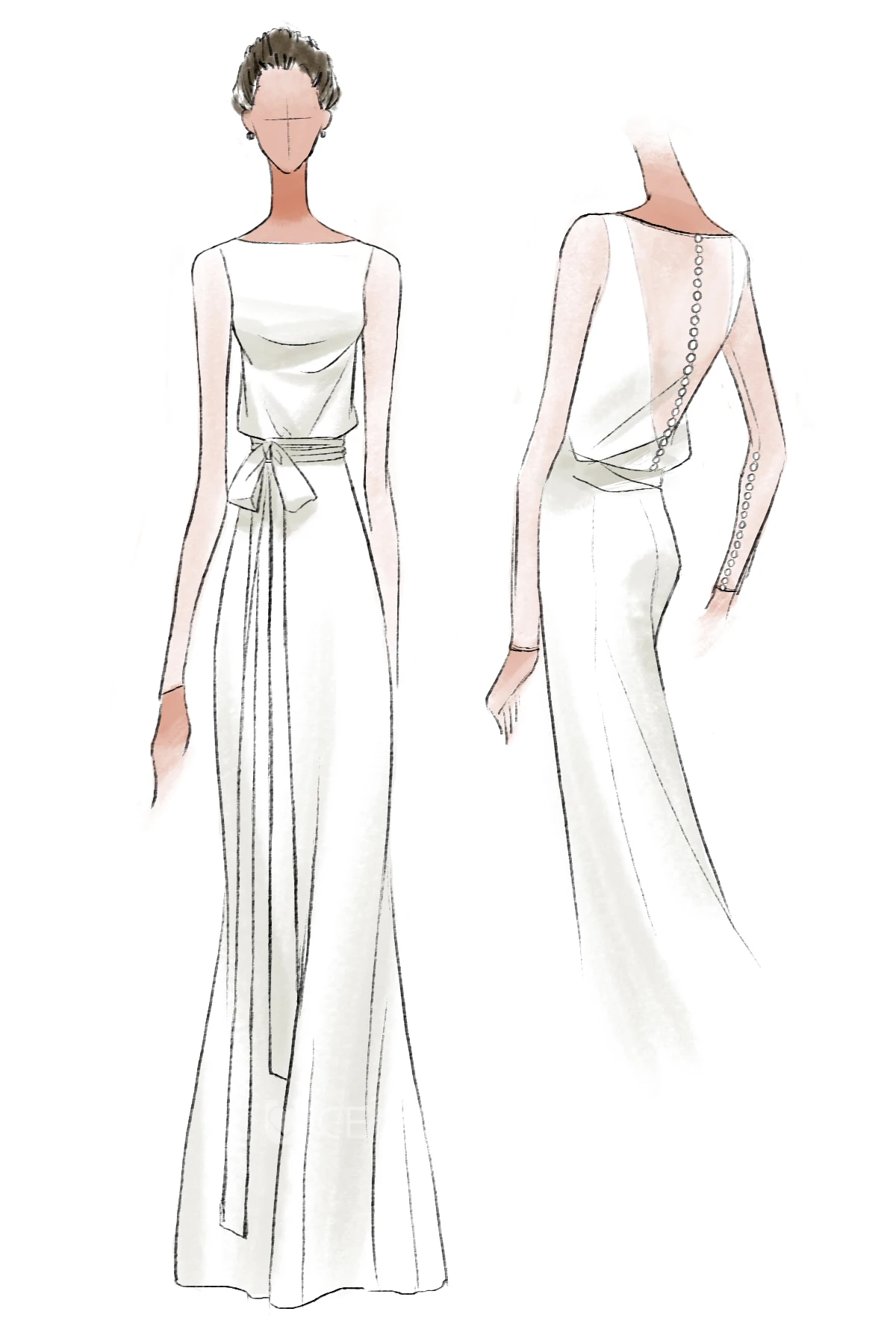 Flowing Long-sleeved Chiffon Dress With Decoratived Buttons and Bow