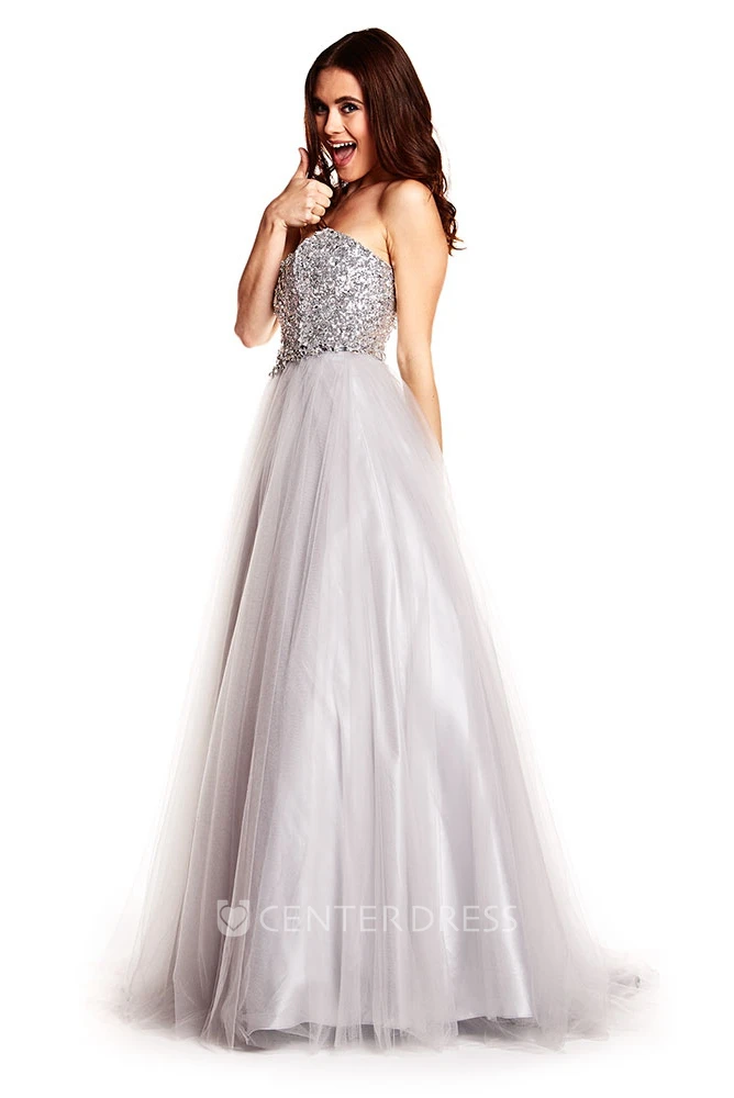 A-Line Floor-Length Sweetheart Sleeveless Sequins&Tulle Prom Dress