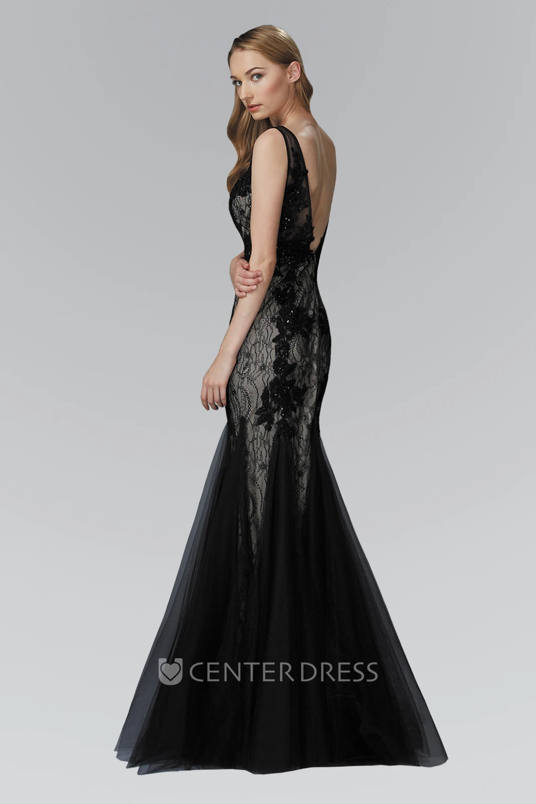 Trumpet Bateau Sleeveless Lace Deep-V Back Dress With Appliques And Beading