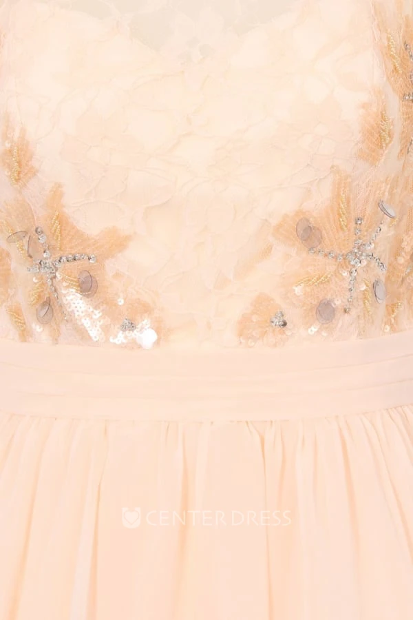 Short Sleeveless Scoop Neck Floral Chiffon Bridesmaid Dress