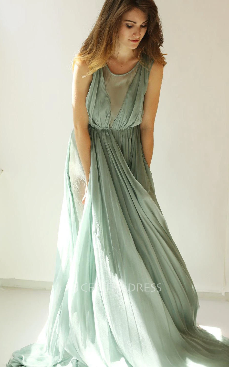 Colleen Long Muted Turquoise Green Chiffon Dress