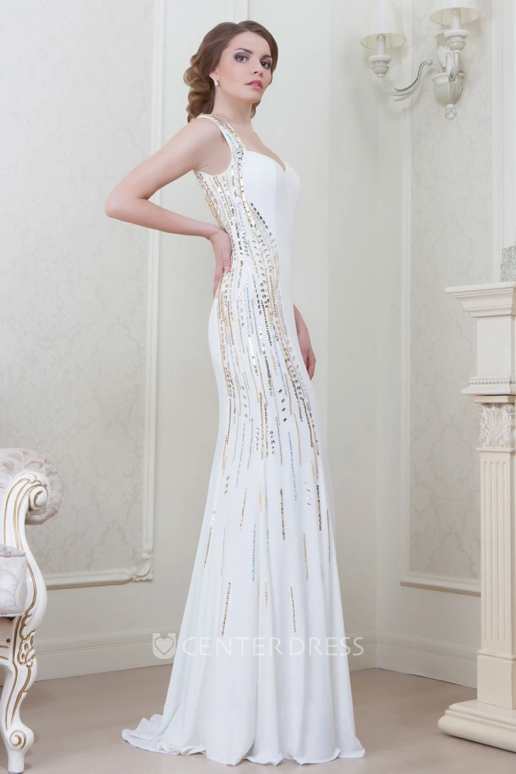 Sheath Beaded Sleeveless Maxi Jersey Prom Dress With Pleats
