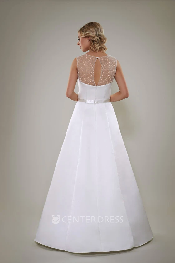 A-Line Scoop Floor-Length Sleeveless Beaded Satin Wedding Dress With Illusion Back