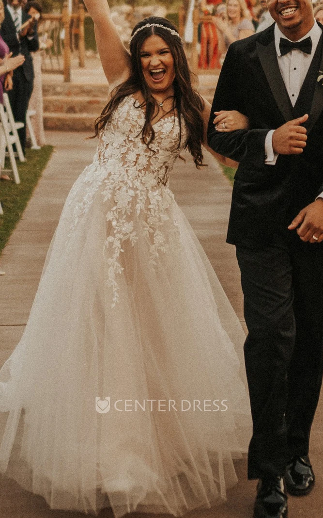 V-Neck Tulle A-Line Wedding Dress with Court Train Elegant Ethereal