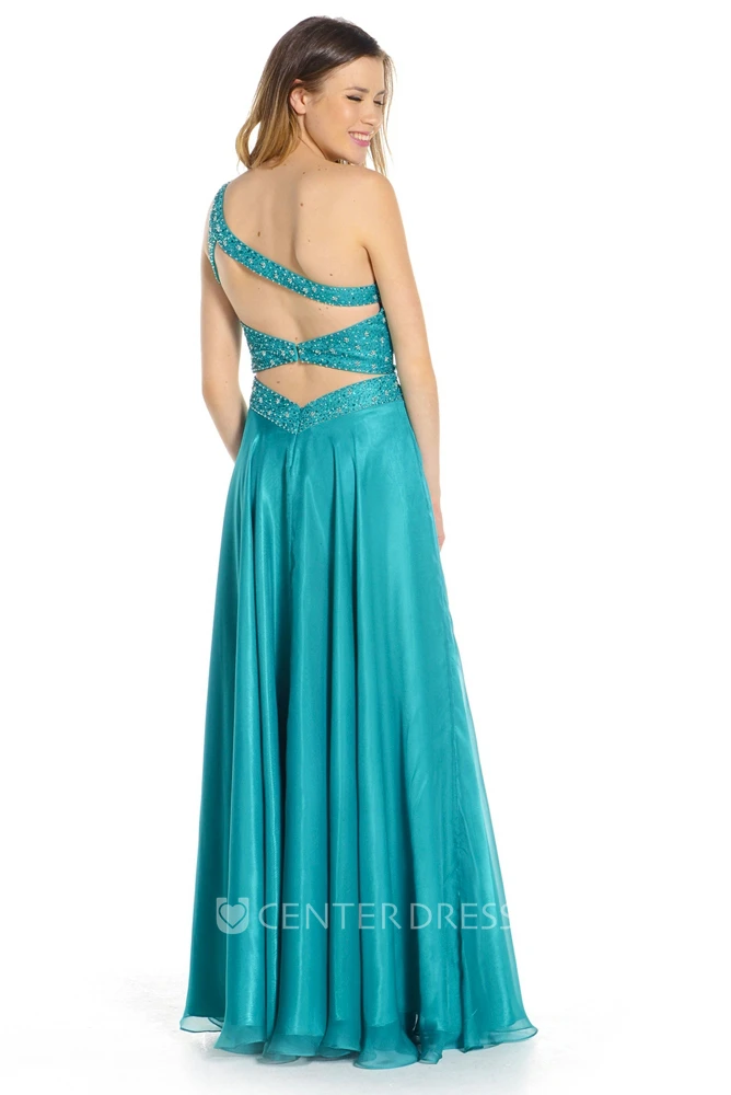 One-Shoulder Ruched Sleeveless Chiffon Prom Dress With Beading And Straps