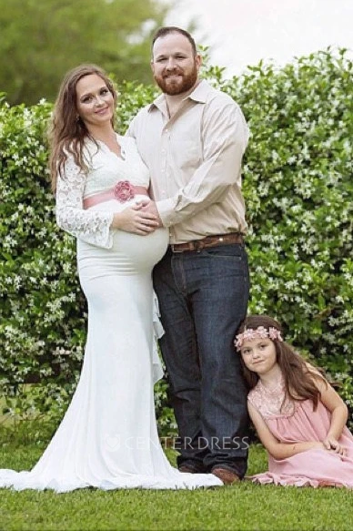 Sheath Sweep Brush Train Long Sleeve Empire Maternity Wedding Dress