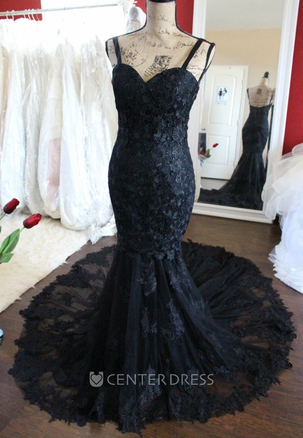 Mermaid/Trumpet Sleeveless Chapel Train Straps Open Back Zipper Appliques Lace Black Wedding Dress