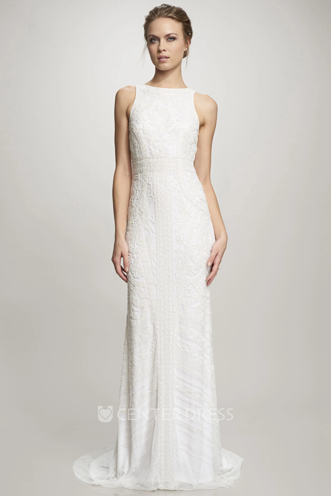 Floor-Length Jewel Lace Wedding Dress With Brush Train And V Back