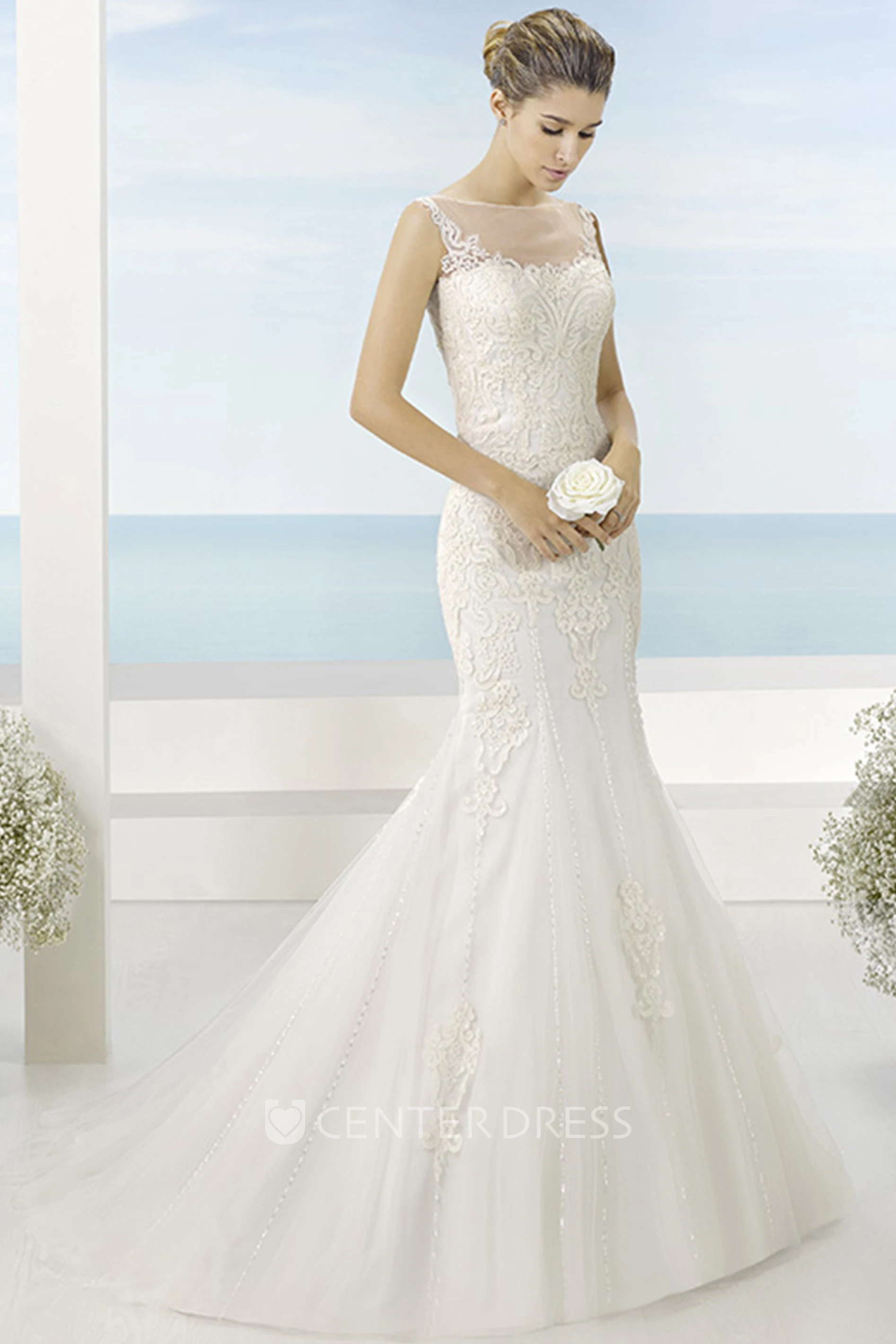 Trumpet Bateau Long Sleeveless Appliqued Lace Winter Wedding Dress With Court Train And Illusion Back