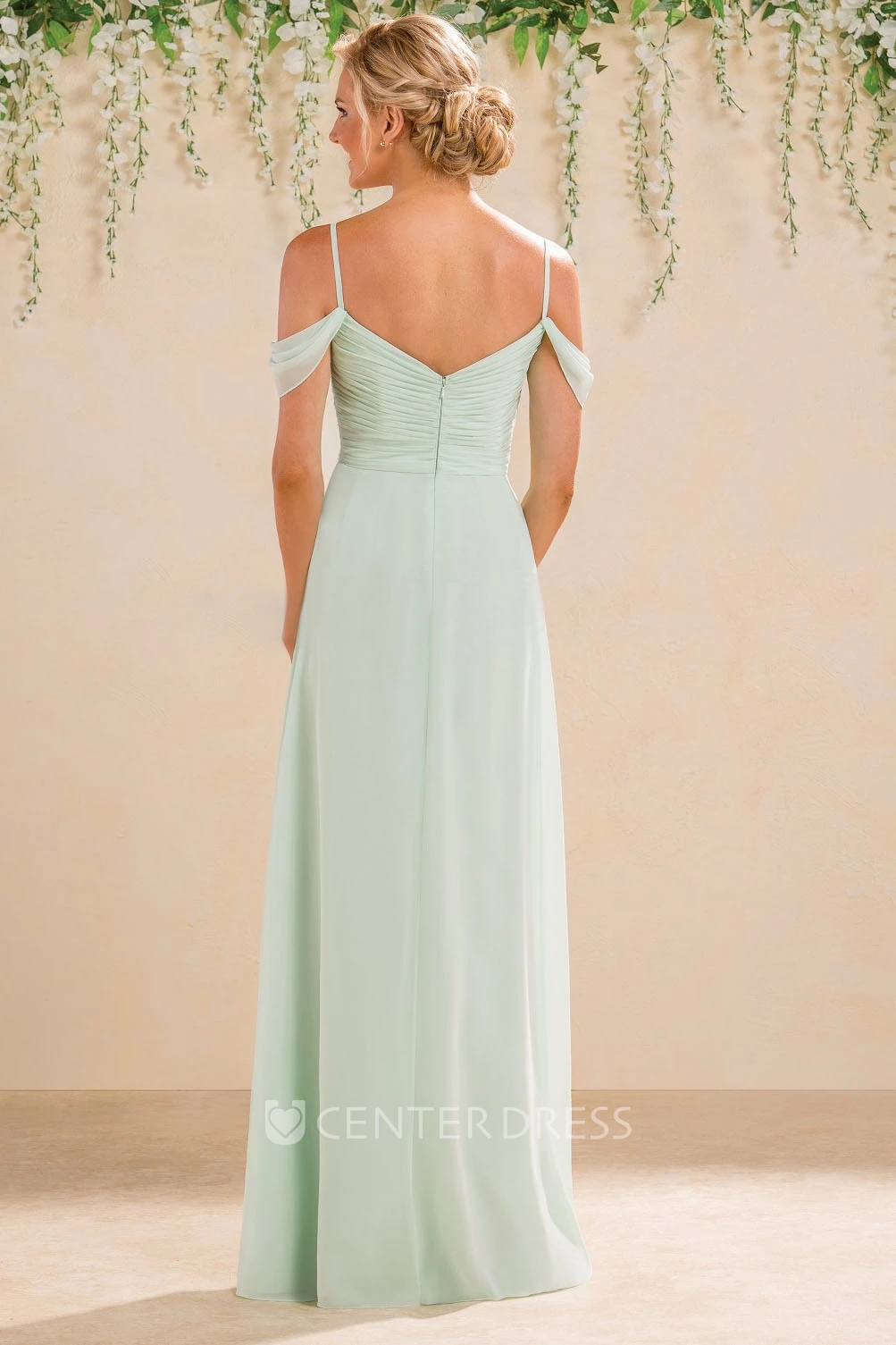 Off-Shoulder A-Line Floor-Length Bridesmaid Dress With Ruches And V-Back