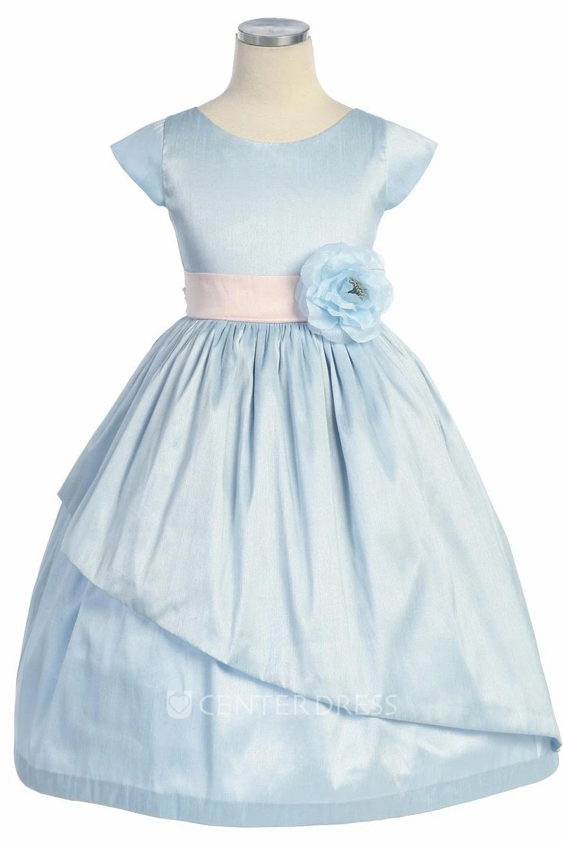 Tea-Length Floral Bowed Floral Flower Girl Dress With Sash