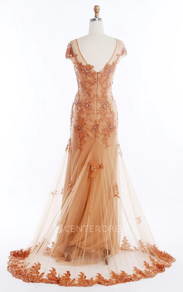 Cap Sleeve V-neck Long Mermaid Dress with Appliques
