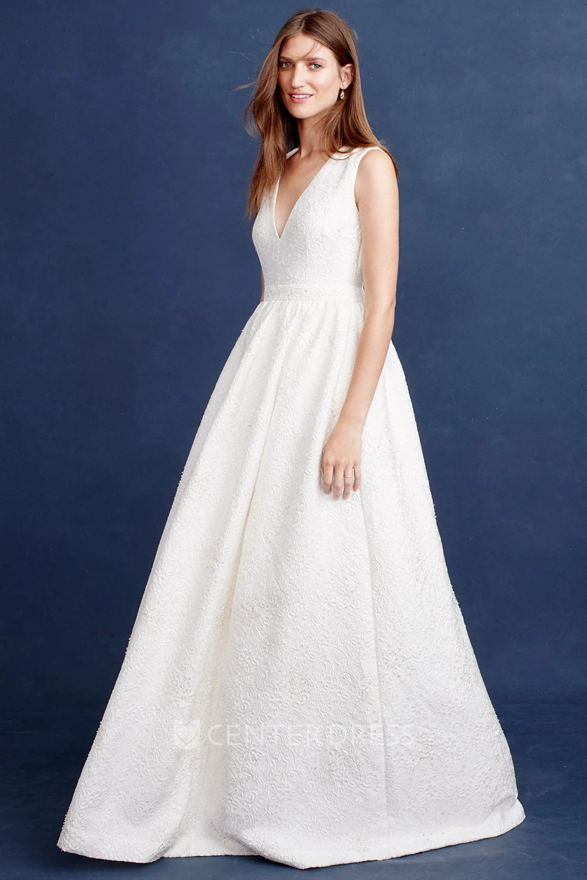 A-Line V-Neck Sleeveless Floor-Length Wedding Dress