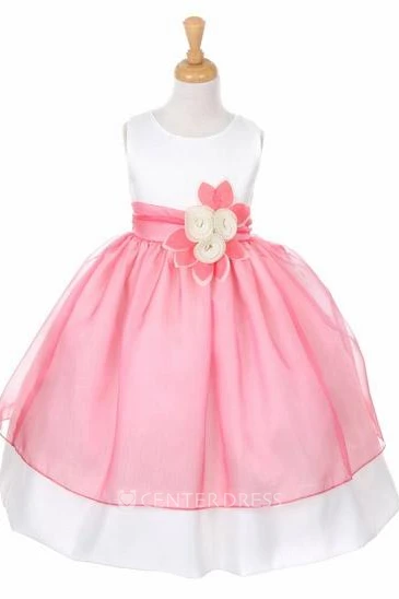 Tea-Length Tiered Tulle&Organza Flower Girl Dress