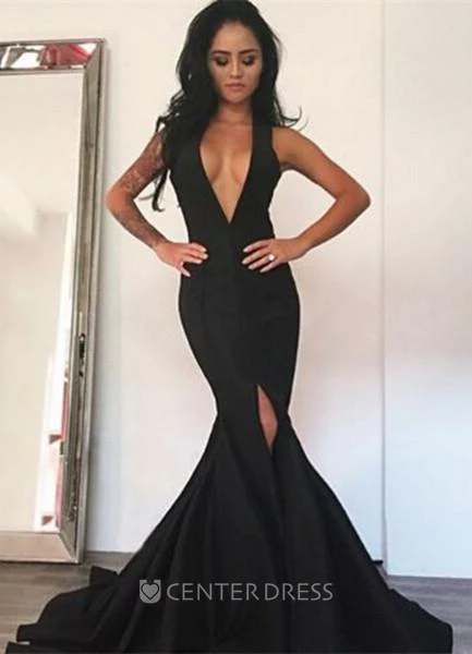 Sexy Black Deep V-Neck Prom Dress Mermaid Front Split