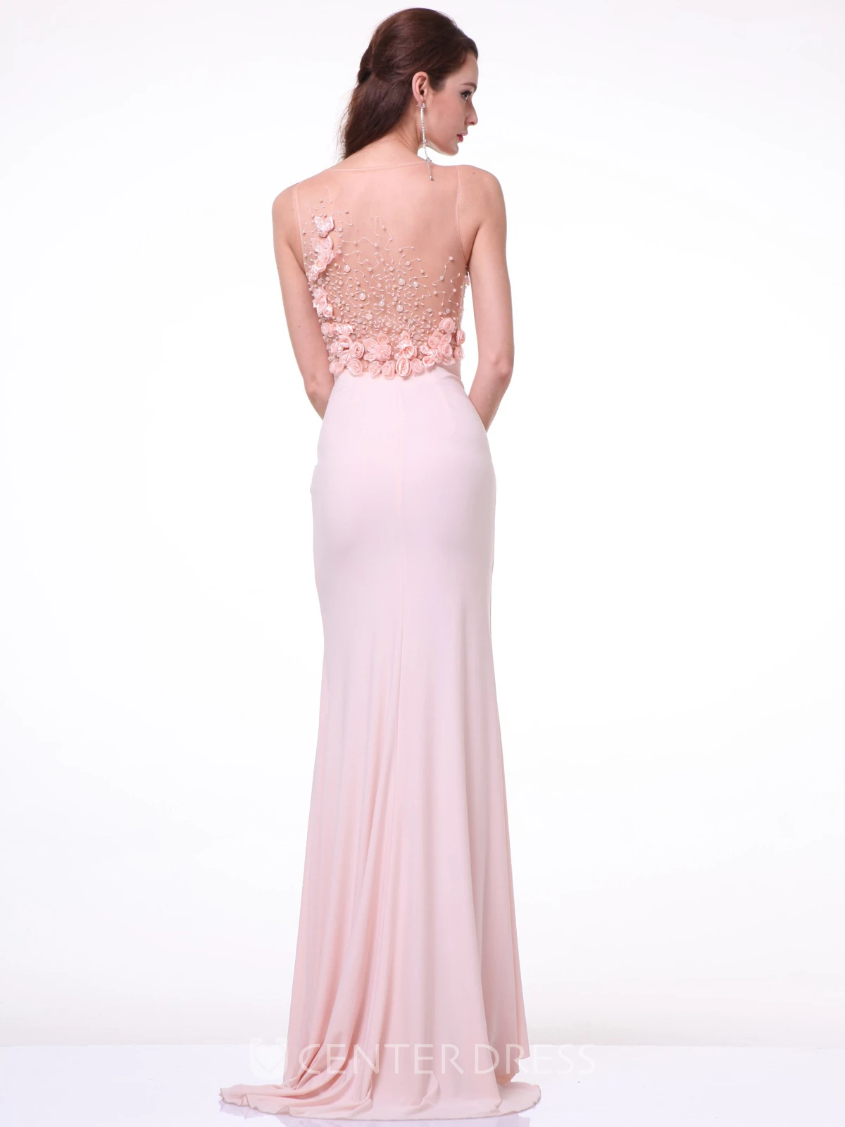 Sheath Maxi Jewel-Neck Sleeveless Jersey Illusion Dress With Flower And Beading