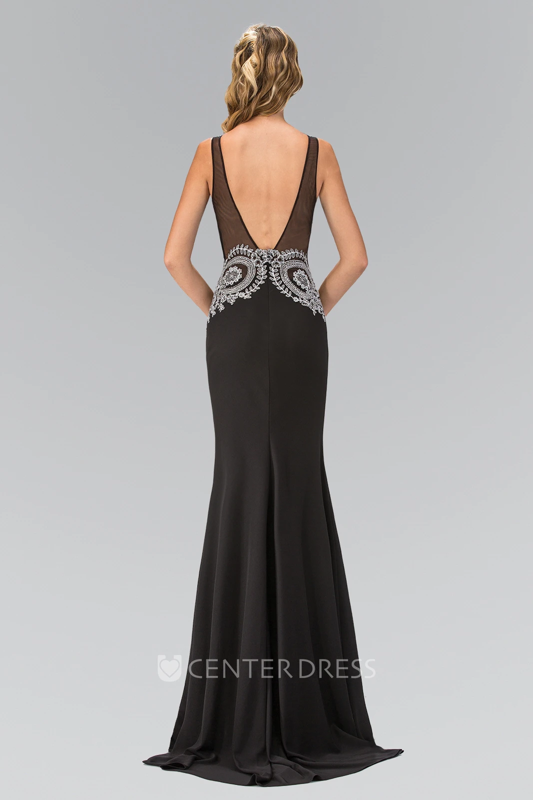 Sheath Long V-Neck Sleeveless Jersey Deep-V Back Dress With Appliques