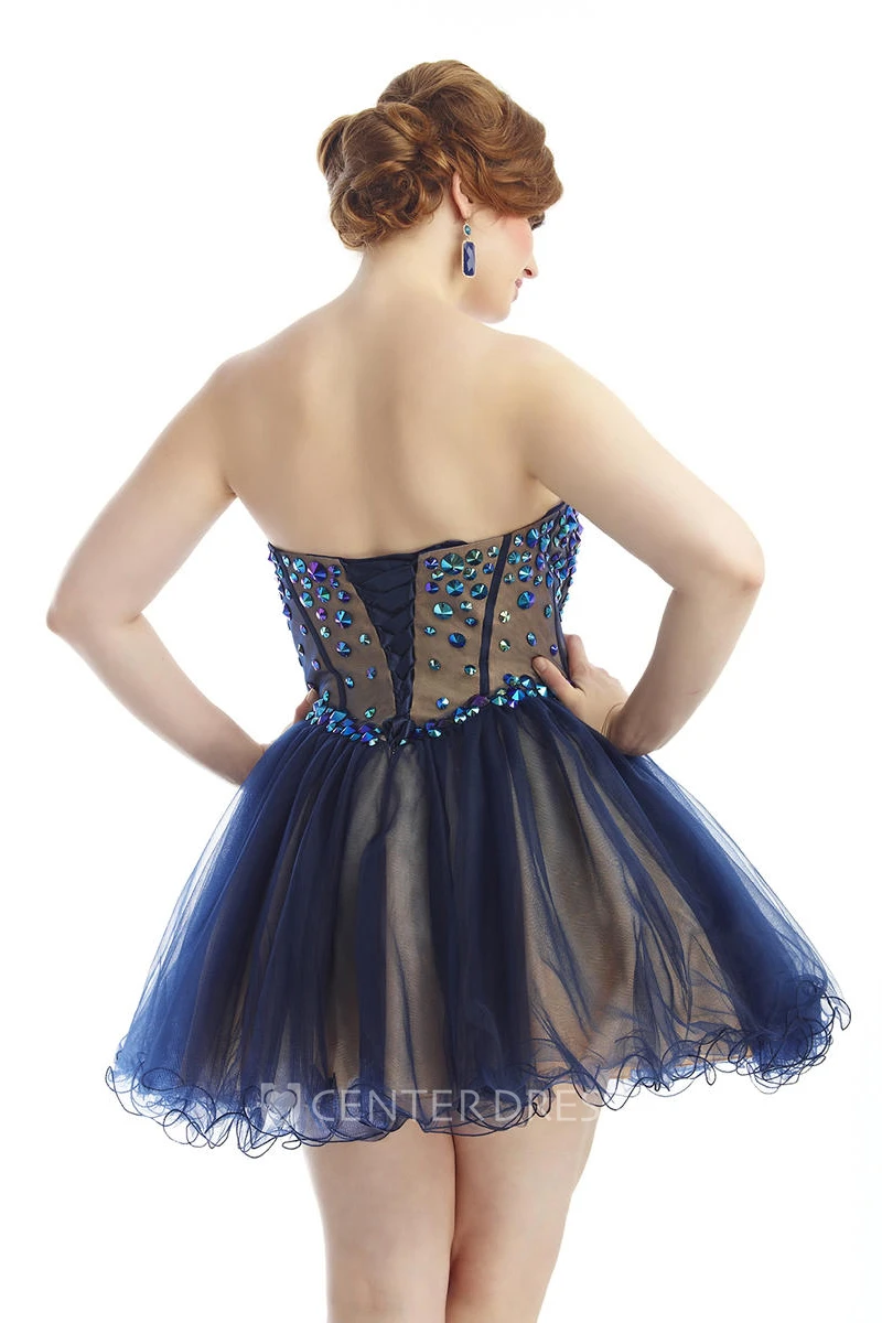 A-line Short Sweetheart Sleeveless Tulle Ruffles Crystal Detailing Lace-up/Corset Back Dress