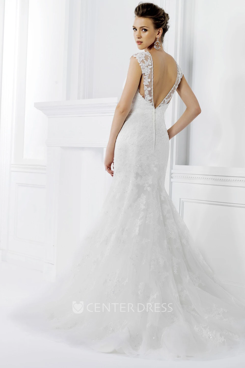 Cap-Sleeved Mermaid Wedding Dress With Beaded Illusion Neck And Low V-Back