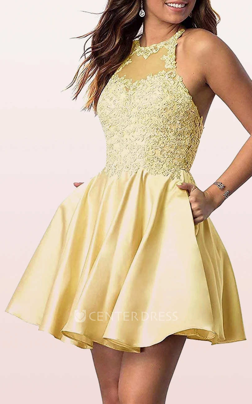 Adorable A Line Satin Lace Jewel Sleeveless Homecoming Dress with Pleats