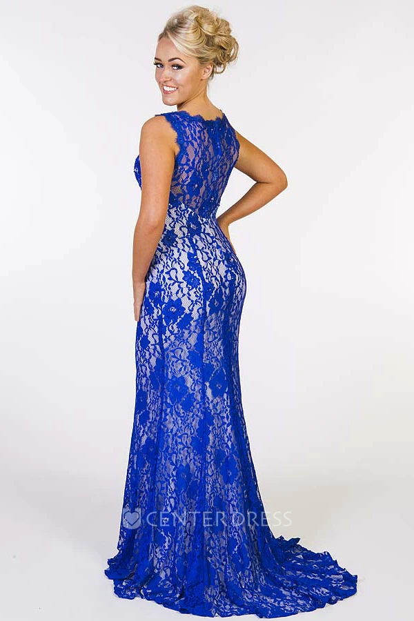 Sheath Scoop Sleeveless Maxi Appliqued Lace Prom Dress With Illusion Back And Pleats