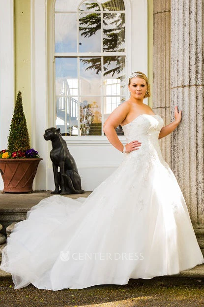 Plus Size Strapless Bridal Gown With Lace Up And Crystal