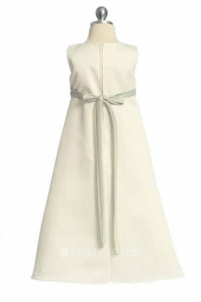 Ankle-Length Bowed Sleeveless Satin Flower Girl Dress