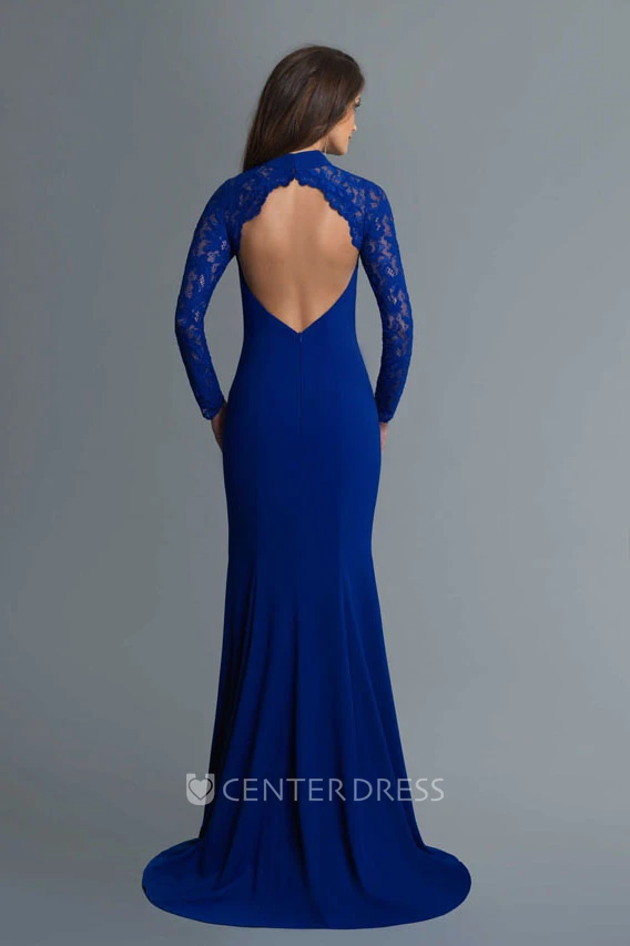 Sheath High Neck Long Sleeve Jersey Keyhole Dress With Split Front And Lace