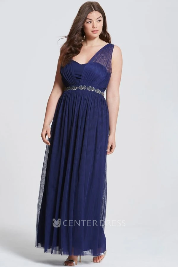 Ankle-Length Ruched Sleeveless V-Neck Tulle Bridesmaid Dress