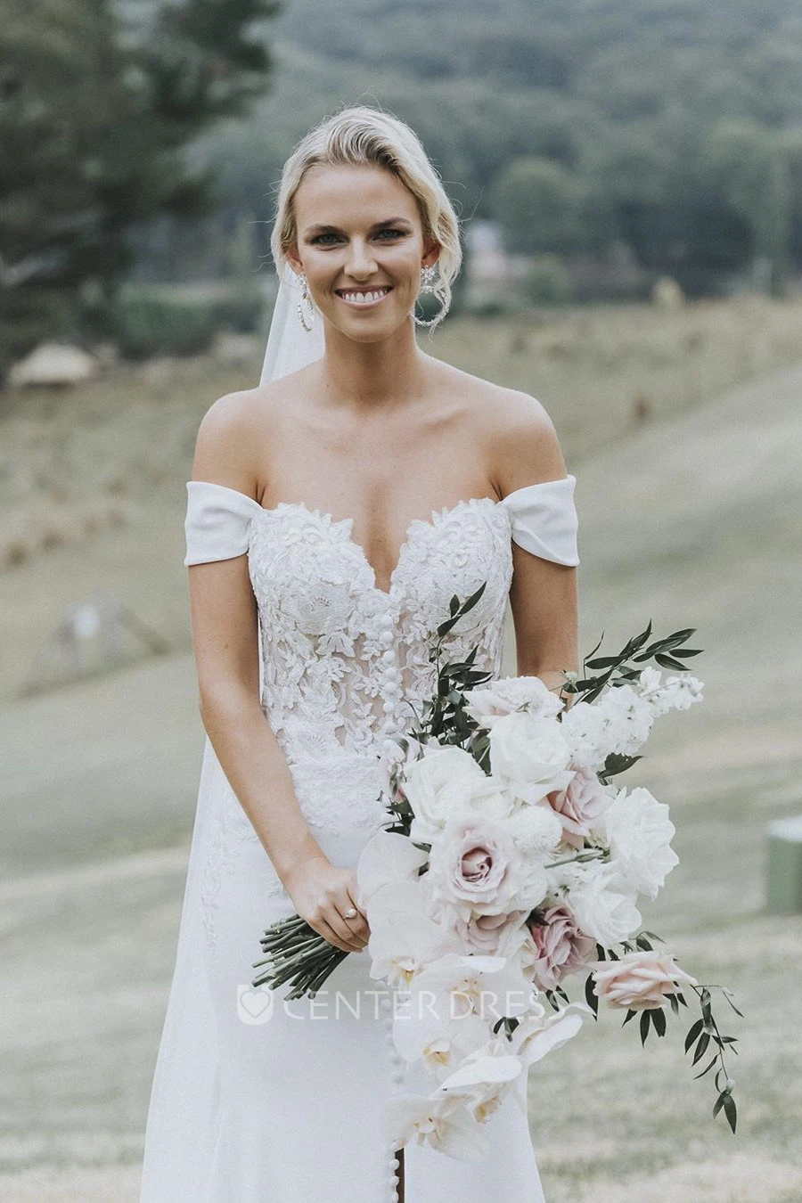 Satin Split Front Off-the-shoulder Sexy Sweetheart Wedding Dress With Lace And Button Details