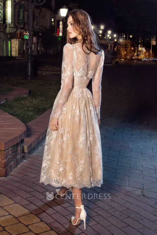 A-Line Tea-Length Strapless Long Sleeve Lace Illusion Dress With Appliques And Pleats