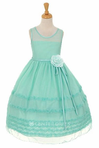 Embroideried Tea-Length Tiered Floral Flower Girl Dress With Sash