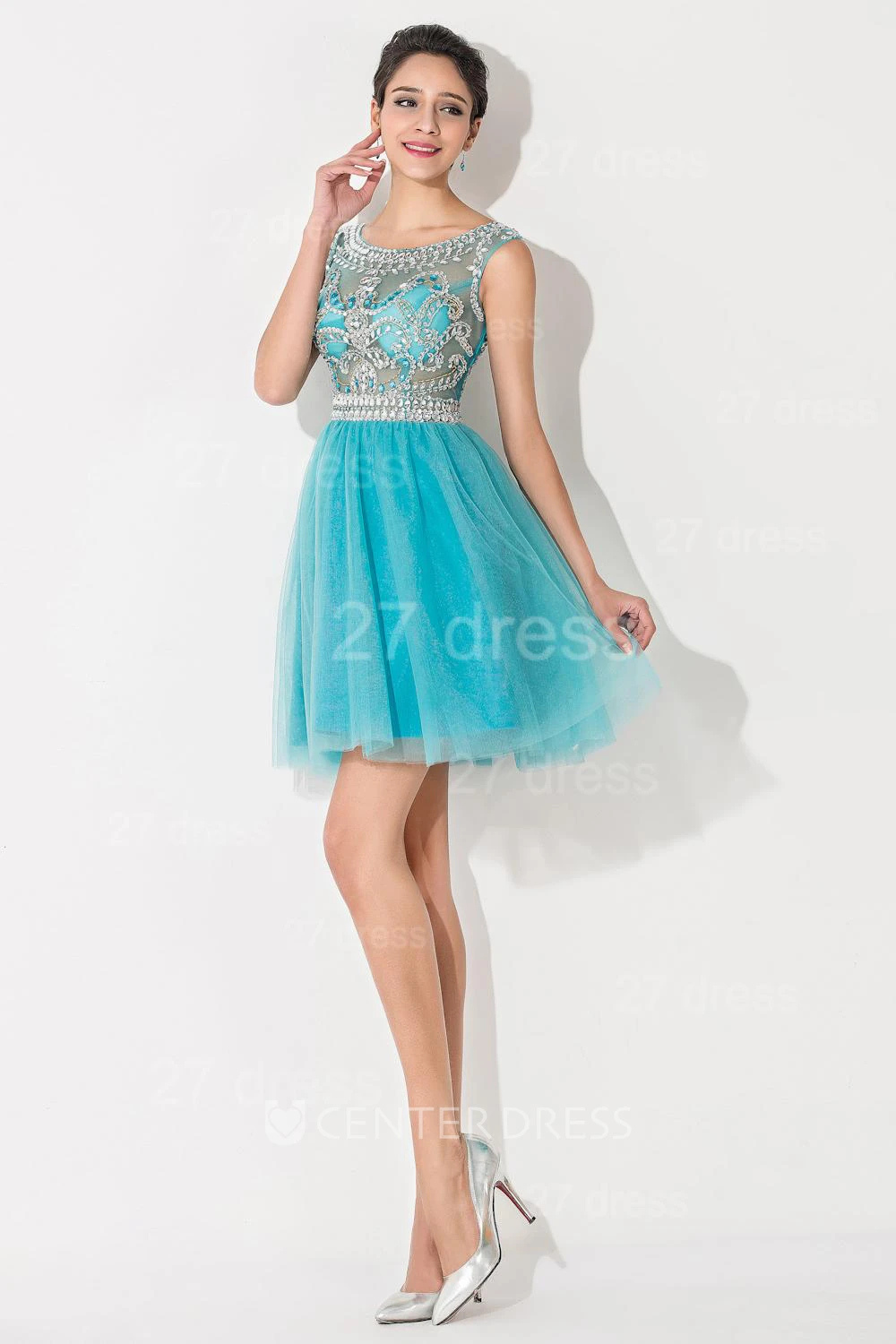 Modern Illusion Cap Sleeve Tulle Homecoming Dress With Crystals