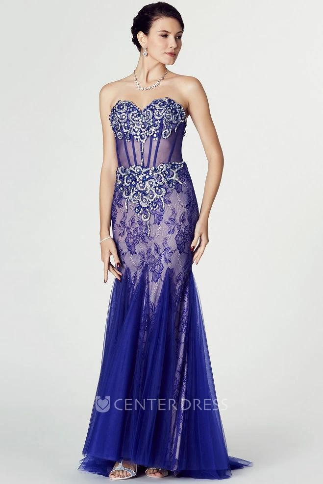 Mermaid Maxi Appliqued Sweetheart Sleeveless Tulle Prom Dress