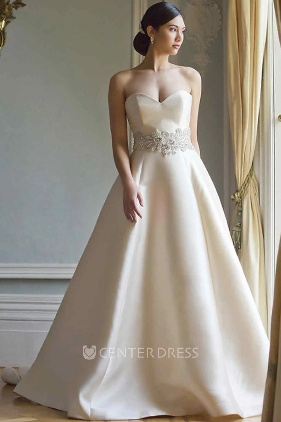 A-Line Sweetheart Floor-Length Satin Wedding Dress With Waist Jewellery