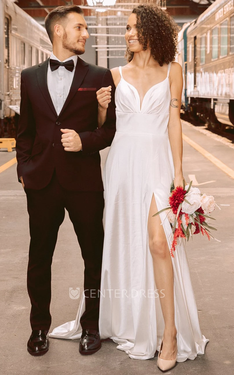Plunging Neckline Satin A-Line Elegant Wedding Dress With Open Back And Split Front