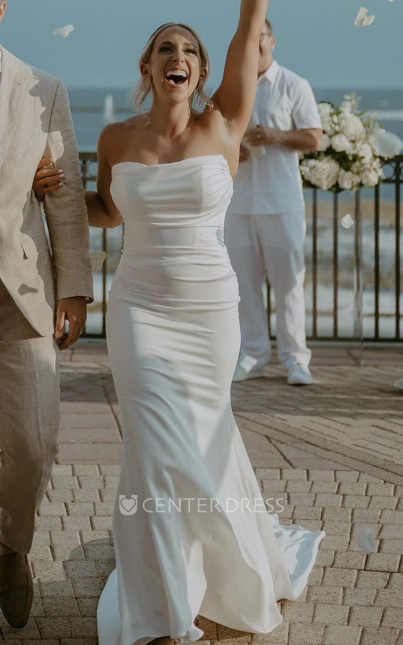 Simple Strapless Mermaid Sexy Waisted Elegant Satin Button Down Zipper Trailing Wedding Dress