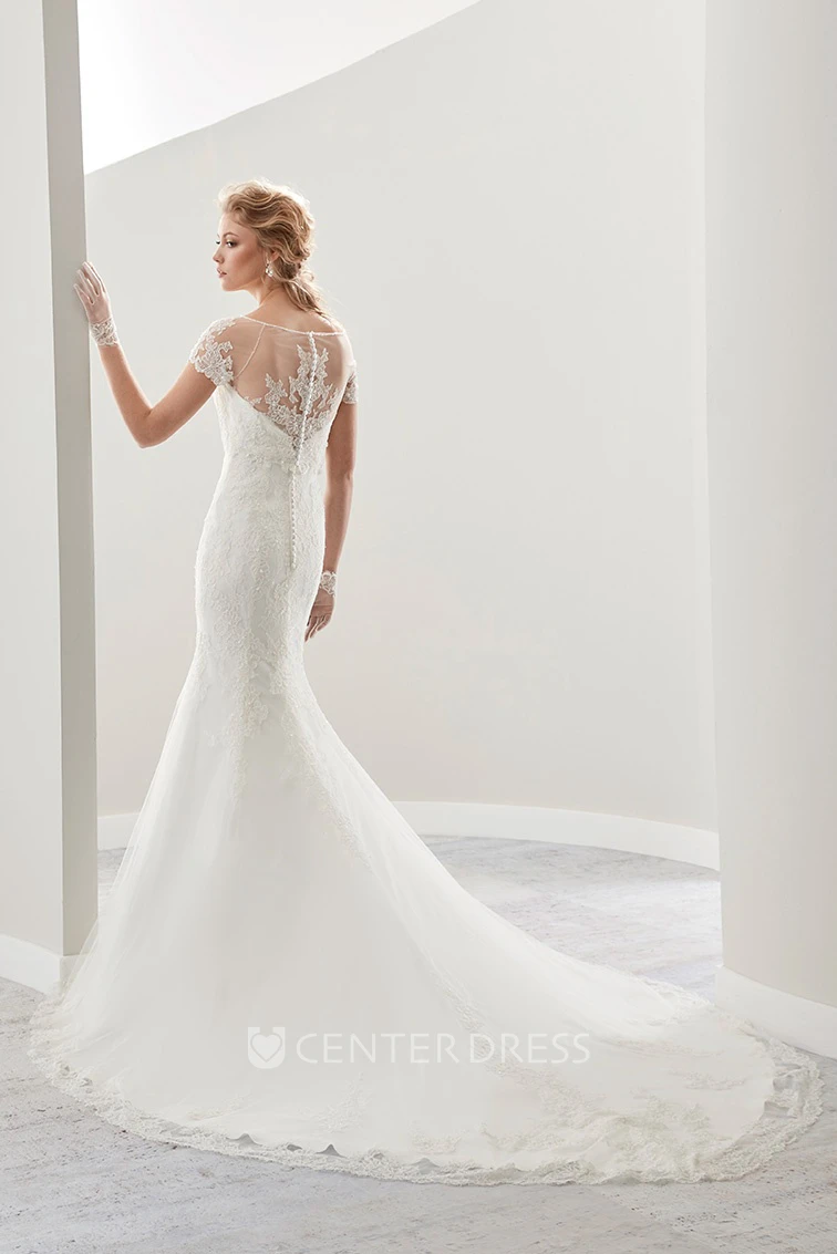 Illusion Jewel-Neck Sheath Bridal Gown With T-Shirt Sleeves And Court Train